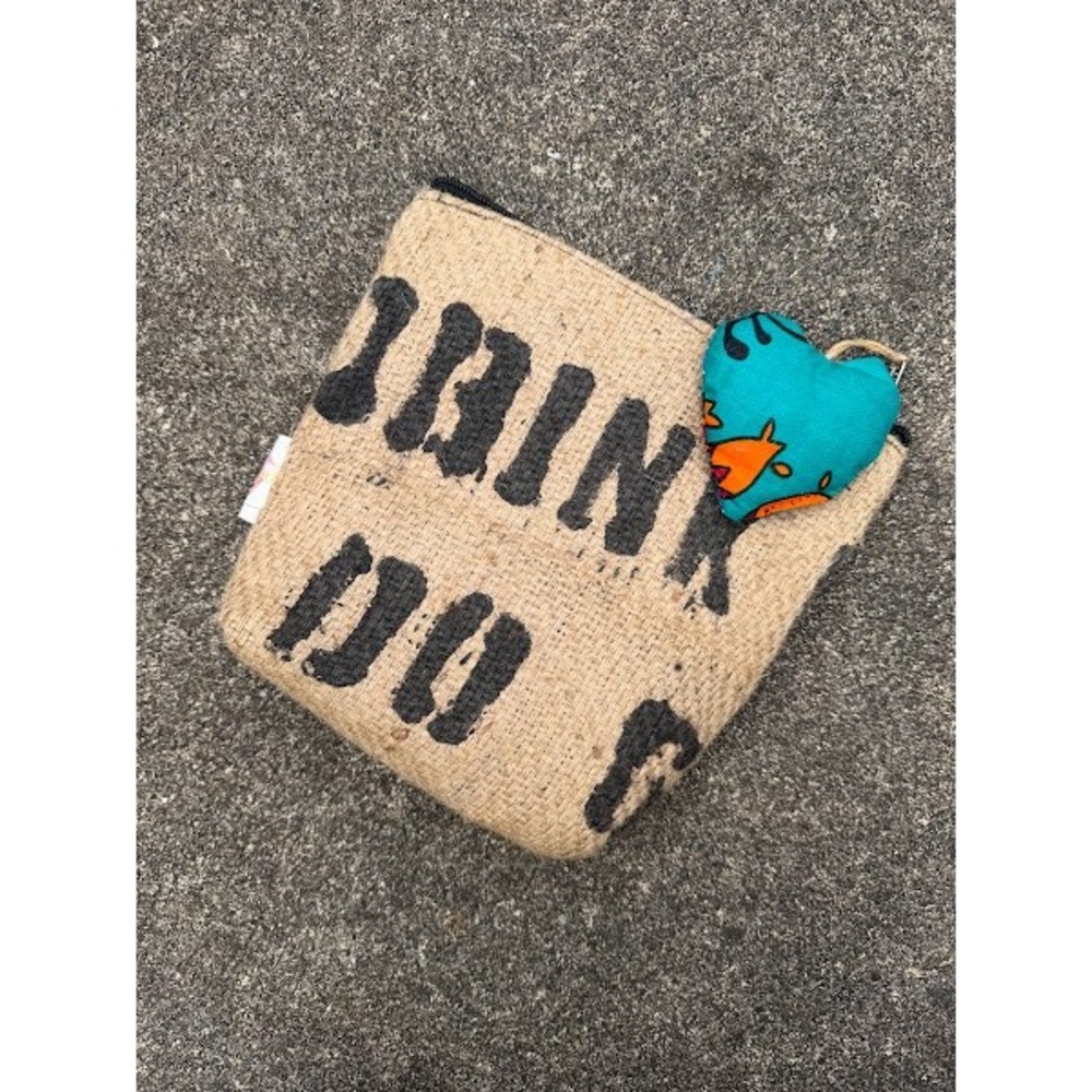 Handmade Upcycled Burlap Coffee Sack Zipper Pouch Jute Bag with Heart Charm